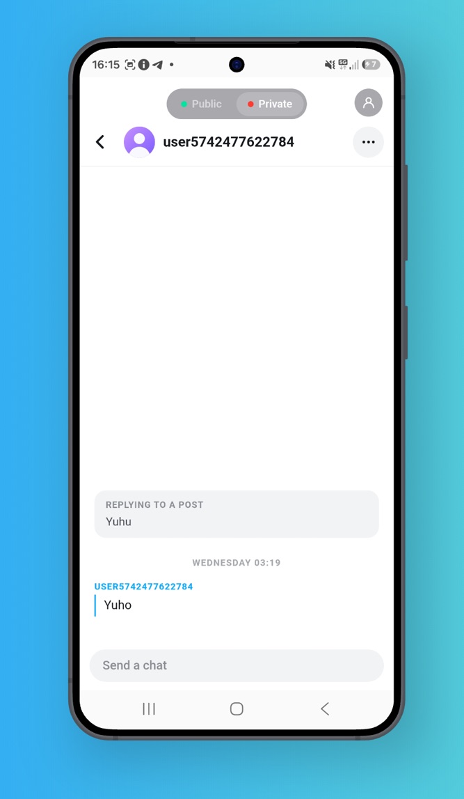 A private Hi Chat conversation that starts as a reply to a post